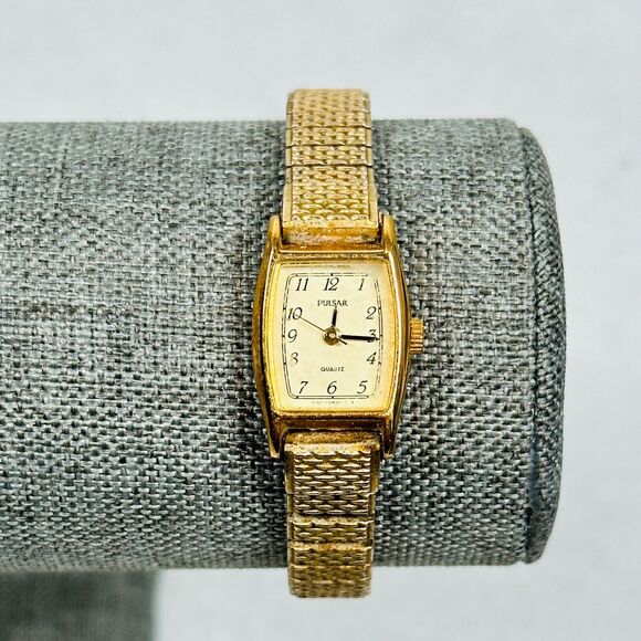VTG Pulsar Watch Womens 17mm Gold Tone Quartz 1N01-5E00 New Battery Stretchy - Picture 1 of 12